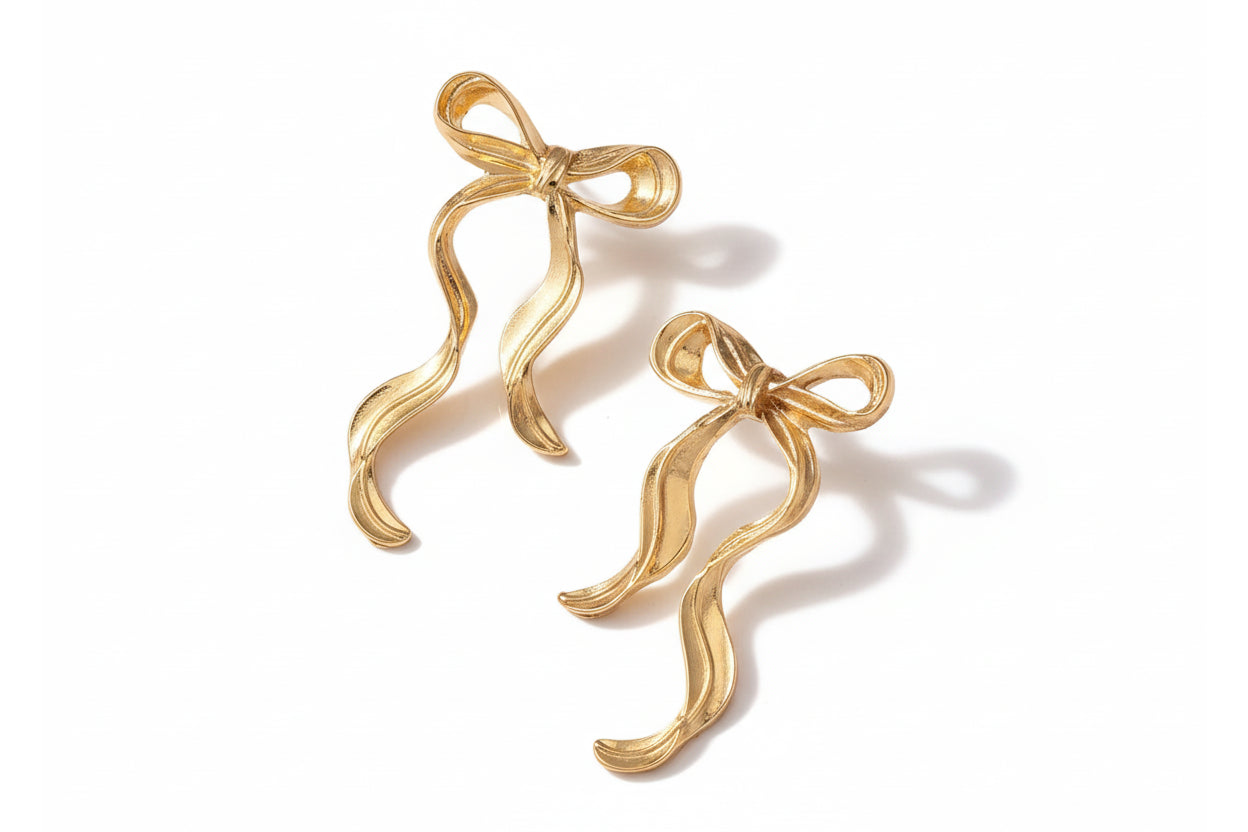 Gold Ribbon Drop Earrings